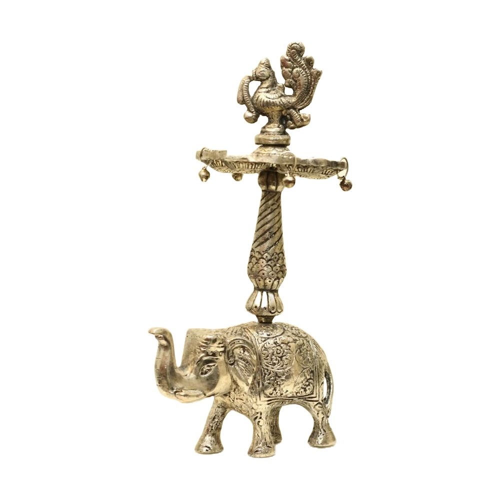 Metal Silver Peacock Samai Pair (Diya Stand) with Elephant